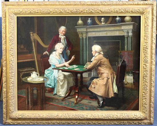 Harold Hume Piffard (fl. 1895-1899) Interior with Georgian lady and gentleman playing cards, 28 x 35in.